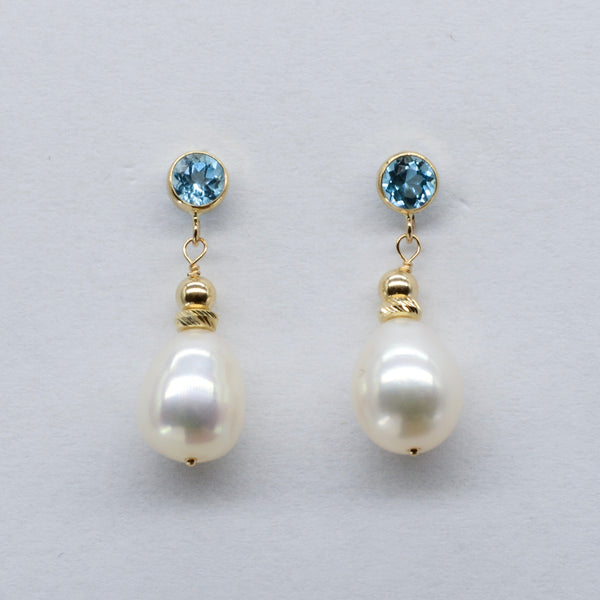Bespoke' Swiss Blue Topaz & Pearl Drop Earrings | 3.50ctw, 0.60ctw |