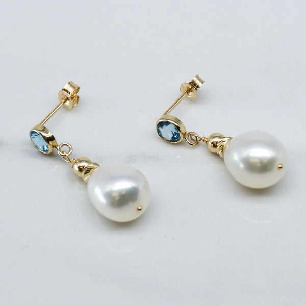 Bespoke' Swiss Blue Topaz & Pearl Drop Earrings | 3.50ctw, 0.60ctw |