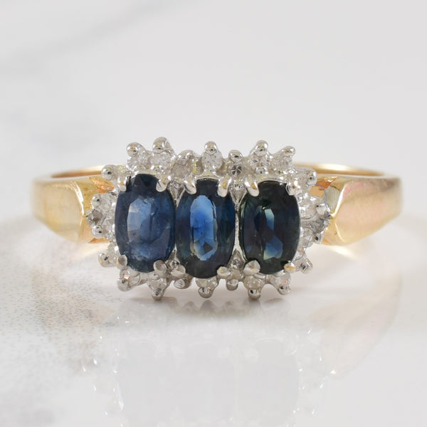 Three Stone Sapphire & Diamond Halo Ring | 0.75ctw, 0.10ctw | SZ 9.75 |